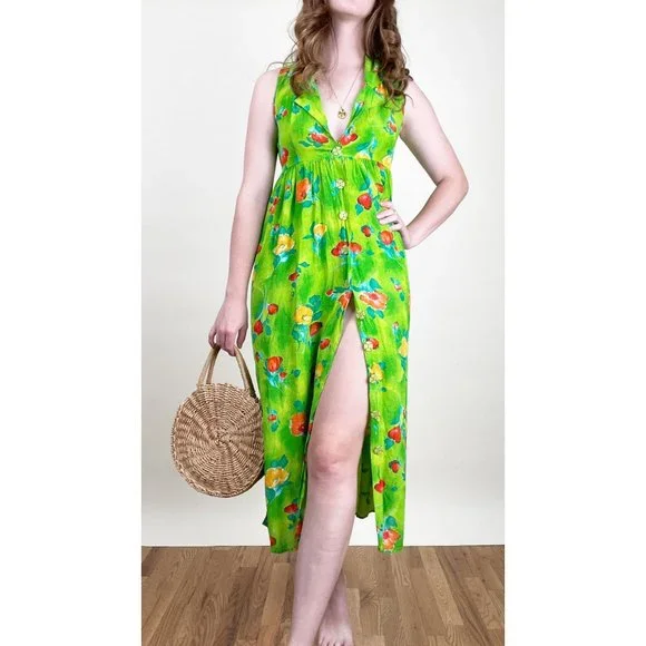 Vintage USA Button Down Floral Midi Dress Boho Slip Hippie Tropical White Lotus - Picture 2 of 6